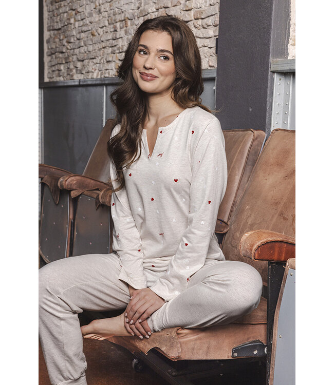 Beige pyjama met ronde hals met V en lange mouwen True Love