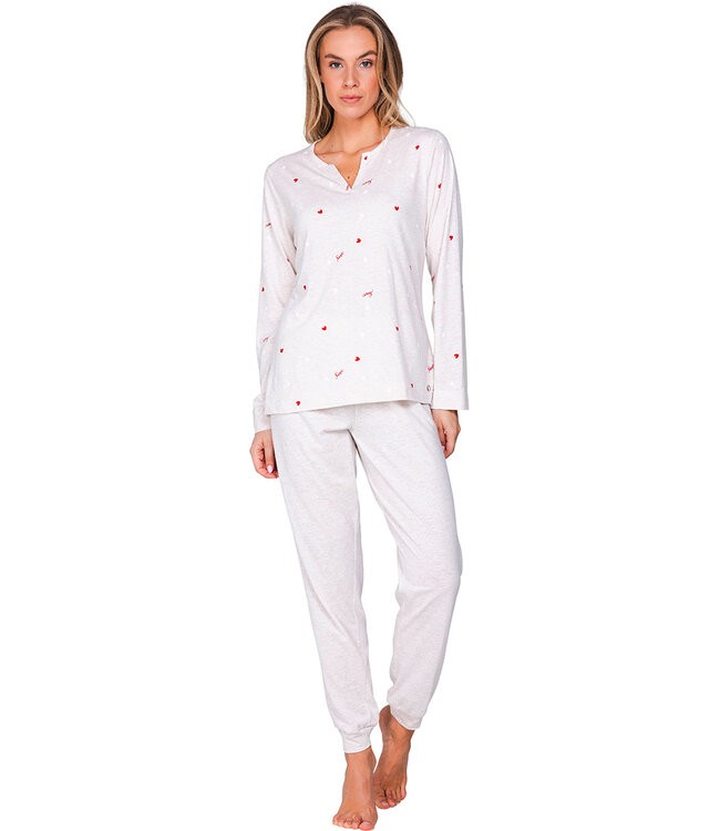 Beige pyjama met ronde hals met V en lange mouwen True Love