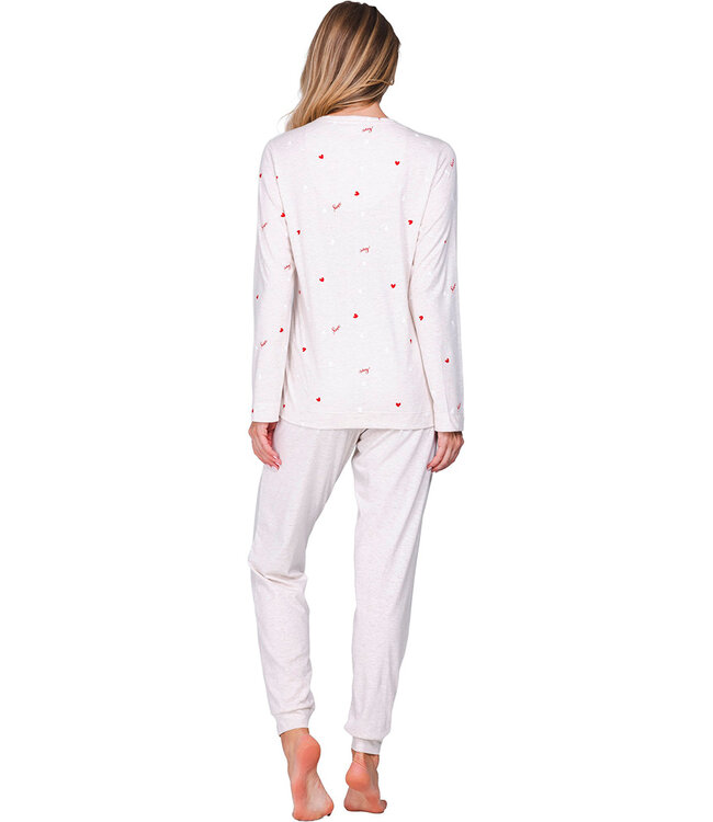Beige pyjama met ronde hals met V en lange mouwen True Love