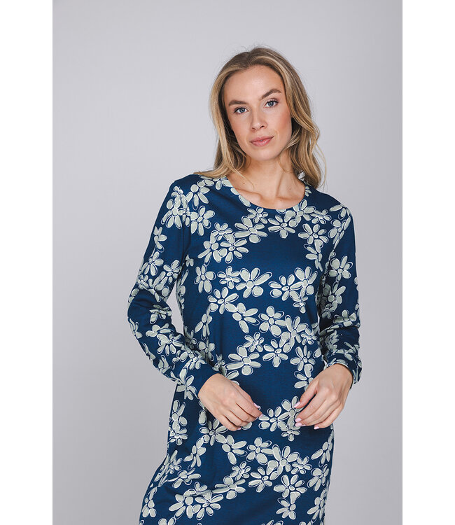 Dark blue organic cotton nightdress with long sleeves Flower Blooms