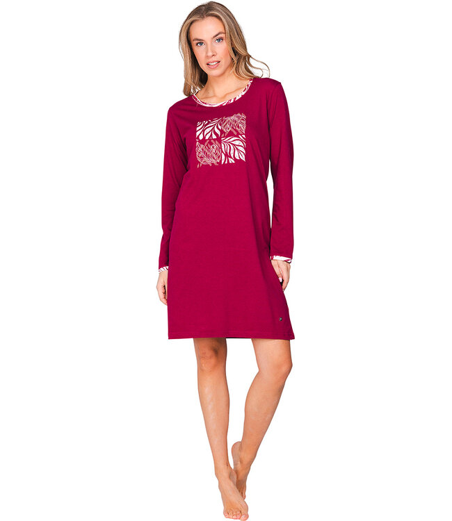 Dark red organic cotton long sleeved nightdress Graphic Leaves