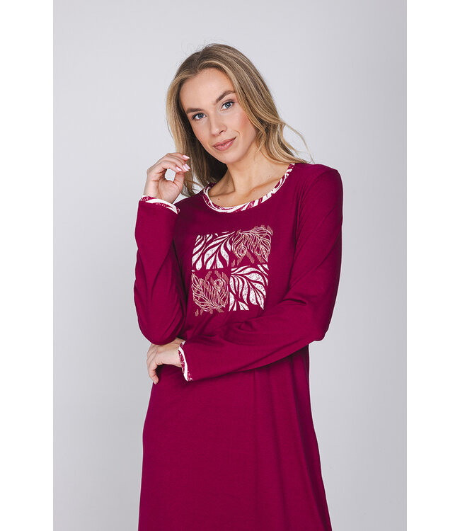 Dark red organic cotton long sleeved nightdress Graphic Leaves