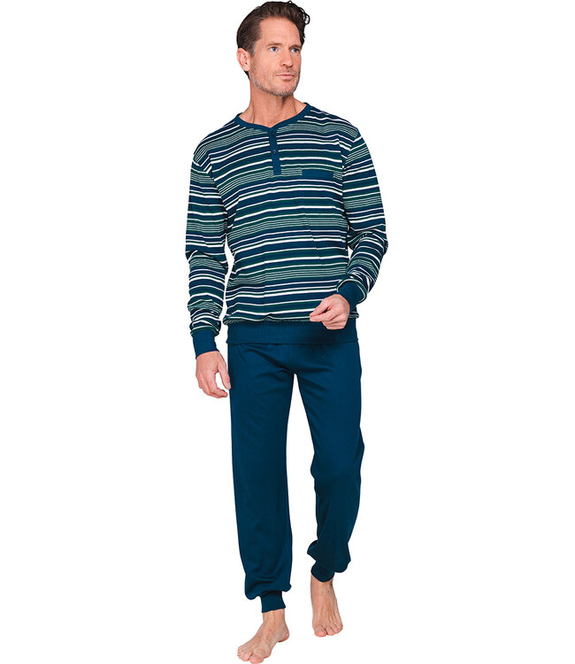 Dark blue cotton interlock long sleeved men's pyjama Stripey Green