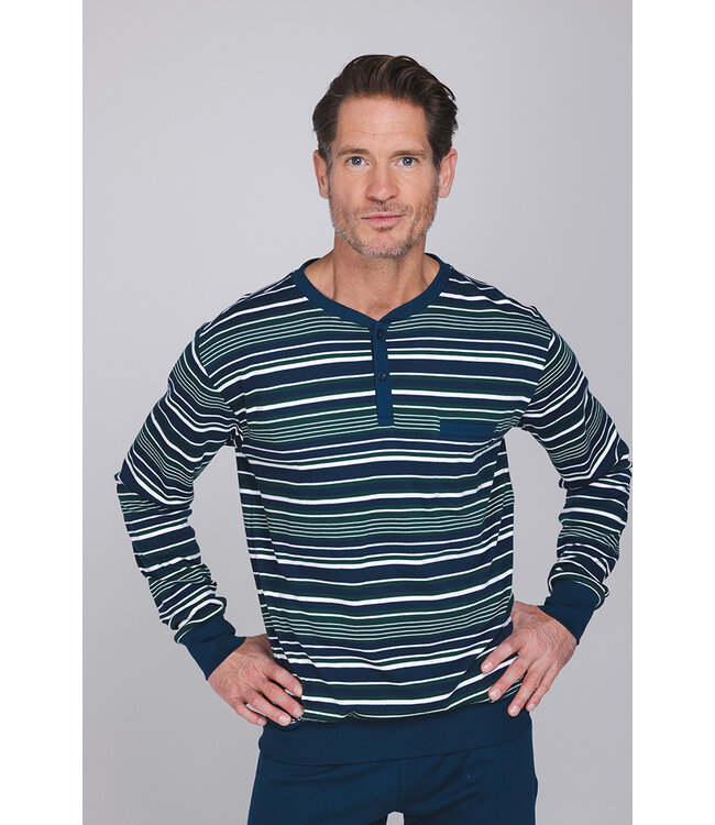 Donkerblauwe katoenen interlock heren pyjama Stripey Green