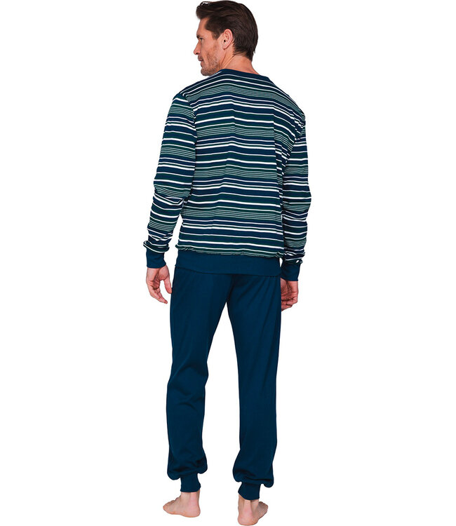 Dark blue cotton interlock long sleeved men's pyjama Stripey Green