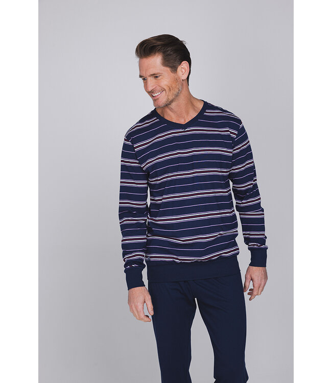 Donkerblauwe katoenen heren pyjama lange mouwen Horizontal Stripes
