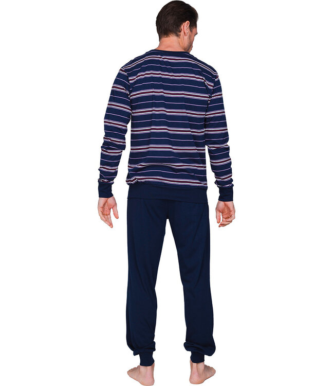 Donkerblauwe katoenen heren pyjama lange mouwen Horizontal Stripes