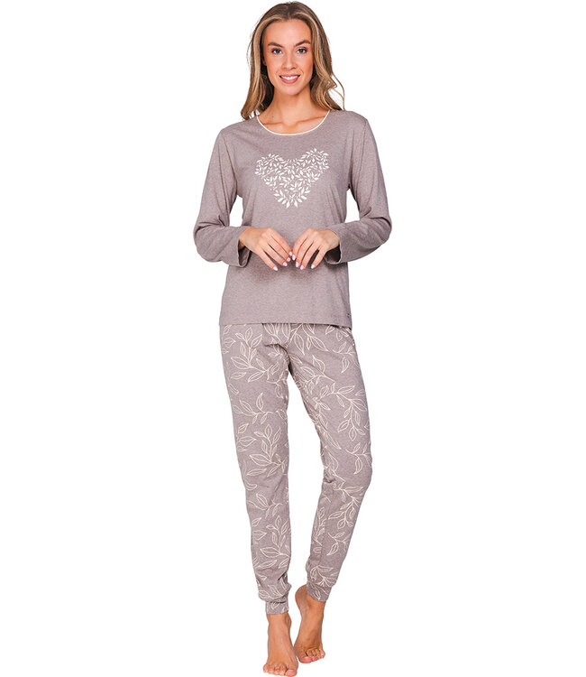 Beige bio-katoenen damespyjama lange mouw Leafy Love