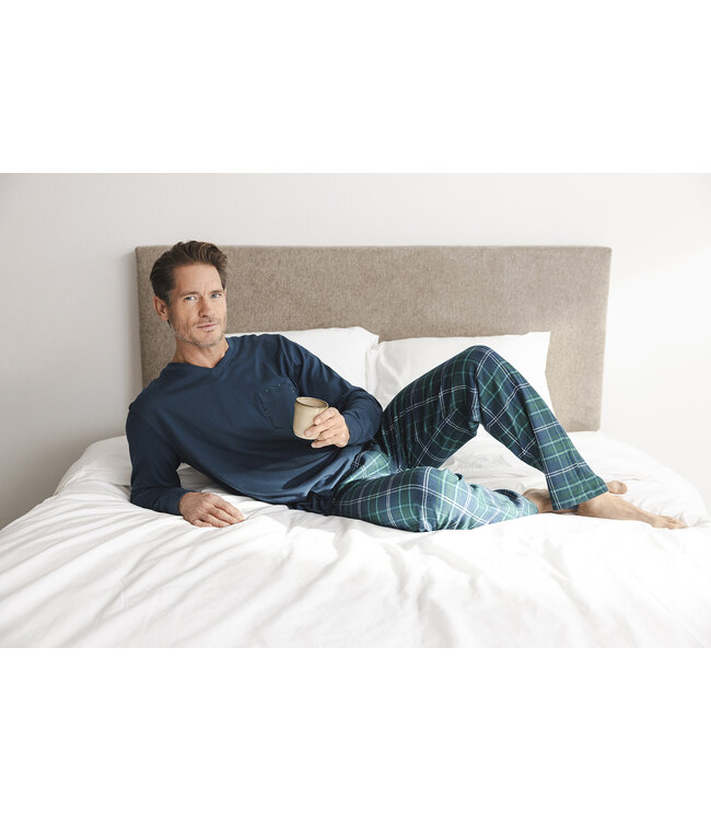 Dark blue cotton long sleeved men's pyjama Forest Check