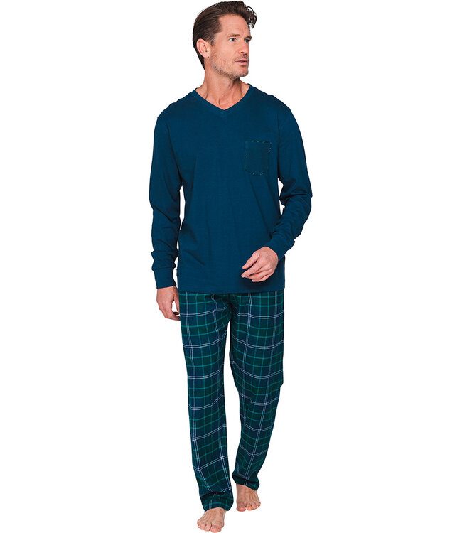 Donkerblauwe katoenen heren pyjama met flanel broek Forest Check