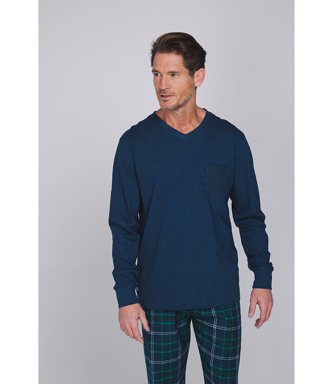 Dark blue cotton long sleeved men's pyjama Forest Check