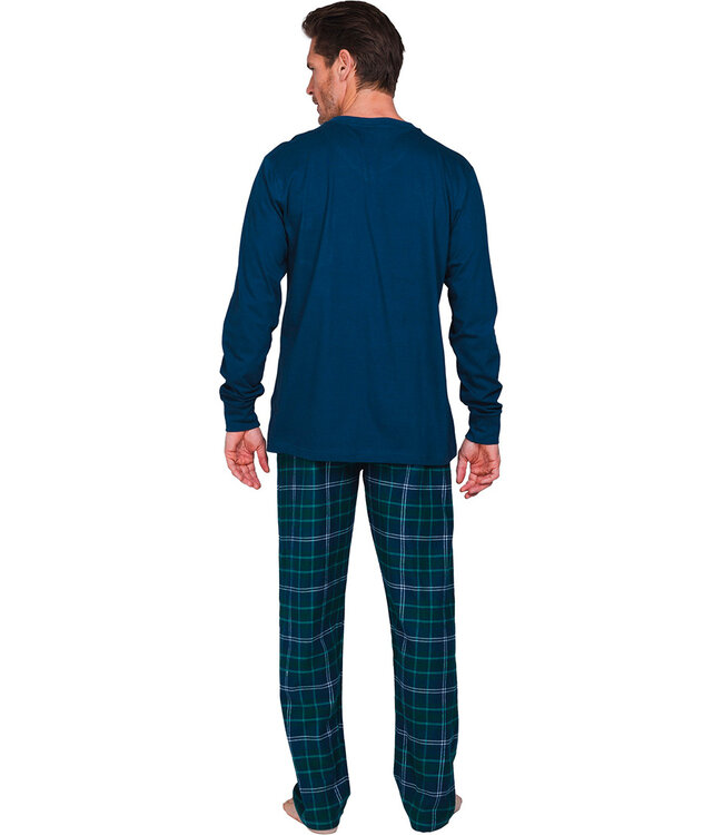 Donkerblauwe katoenen heren pyjama met flanel broek Forest Check