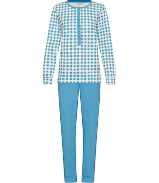 Pastunette Blauwe katoenen french terry damespyjama met knopen Checkered Blocks