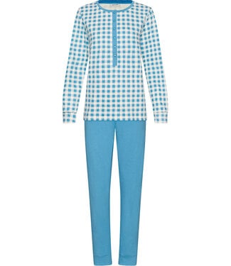 Pastunette Blue cotton french terry ladies pyjama with buttons Checkered Blocks