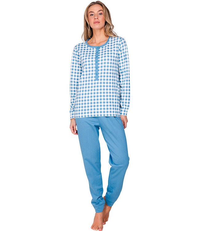 Blue cotton french terry ladies pyjama with buttons Checkered Blocks