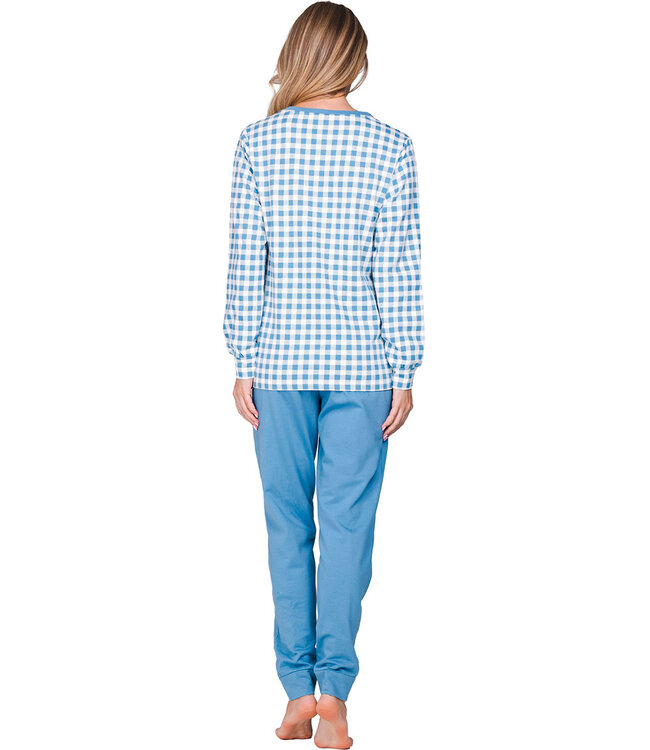 Blue cotton french terry ladies pyjama with buttons Checkered Blocks