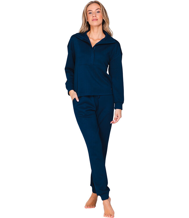 Donkerblauw huispak met rits en boorden lange mouwen Stylish Comfort