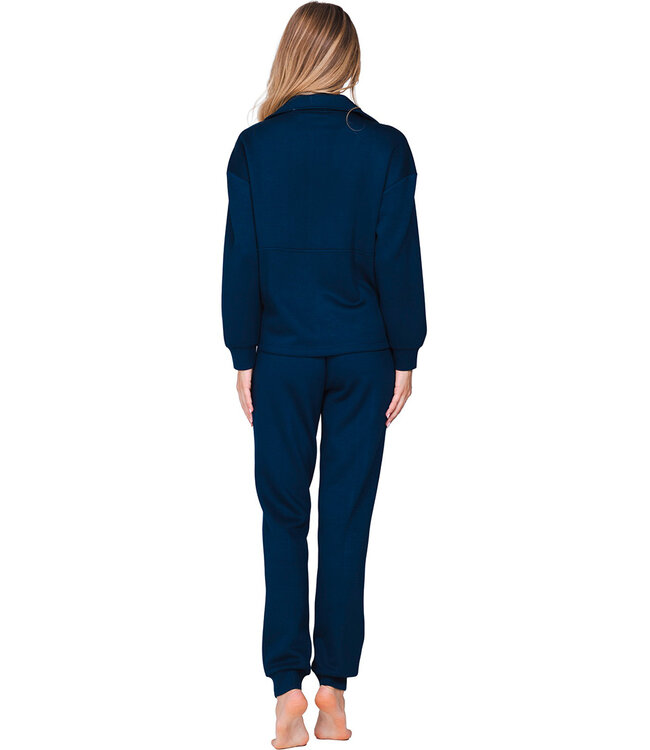 Donkerblauw huispak met rits en boorden lange mouwen Stylish Comfort