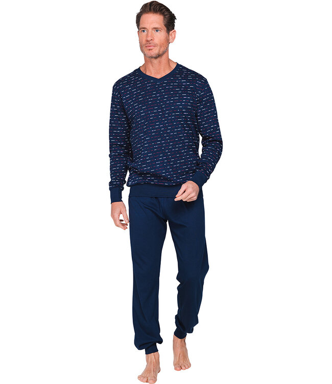 Donkerblauwe katoenen heren pyjama lange mouwen Multi Lines