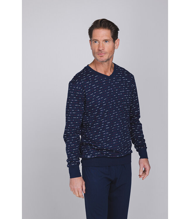 Donkerblauwe katoenen heren pyjama lange mouwen Multi Lines