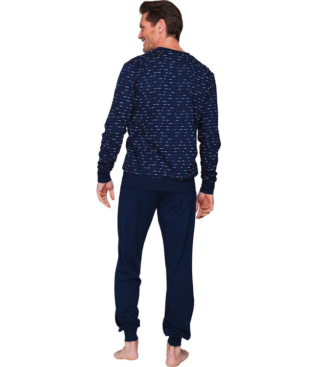 Donkerblauwe katoenen heren pyjama lange mouwen Multi Lines