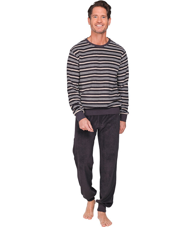 Dark grey cotton-terry long sleeved men's pyjama Stripey Comfort