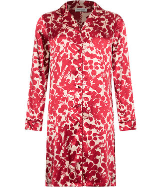 Pastunette Premium Red satin stretch nightdress full button long sleeves Autumn Flower