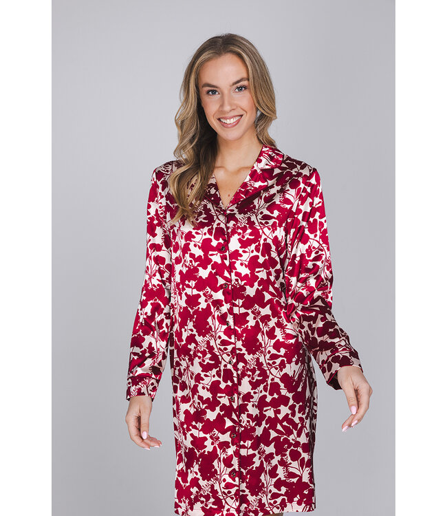 Rood satin stretch nachthemd knoopsluiting lange mouwen Autumn Flower