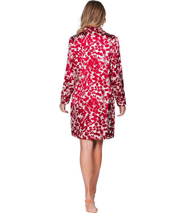 Rood satin stretch nachthemd knoopsluiting lange mouwen Autumn Flower