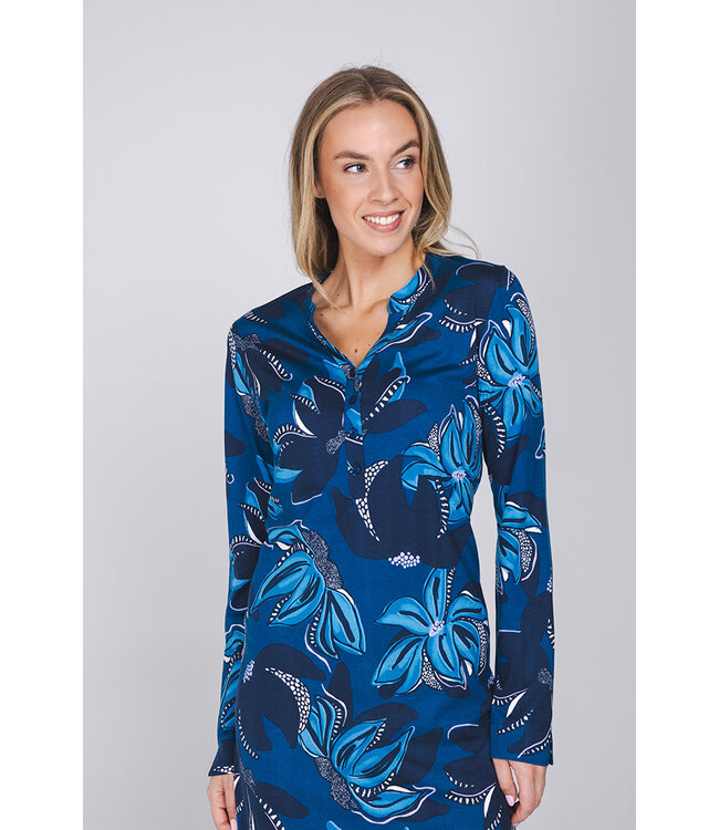 Donkerblauw nachthemd knoopsluiting lange mouwen Fancy Floral
