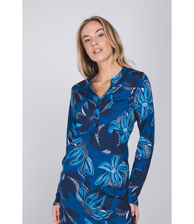 Donkerblauw nachthemd knoopsluiting lange mouwen Fancy Floral
