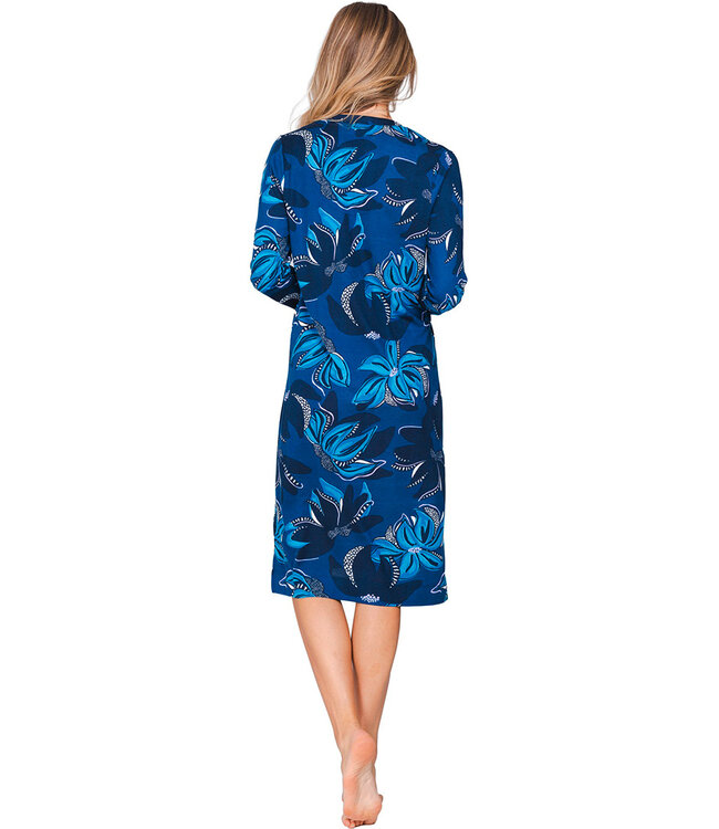 Donkerblauw nachthemd knoopsluiting lange mouwen Fancy Floral