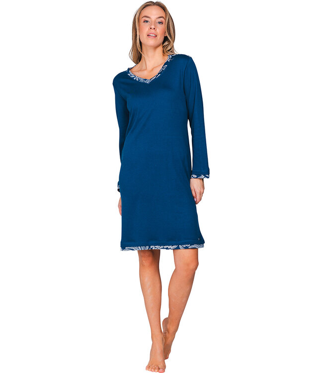 Dark blue cotton interlock nightdress with V-neck Winter Flower