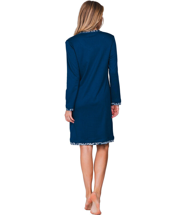 Donkerblauw katoenen interlock nachthemd met V-hals Winter Flower
