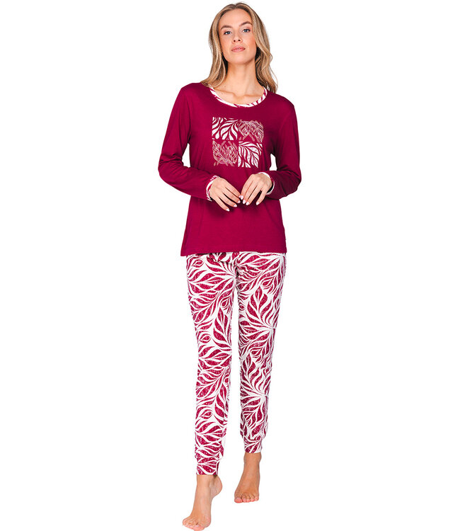 Dark red organic cotton long sleeved pyjama with cuffs Graphic Leaves