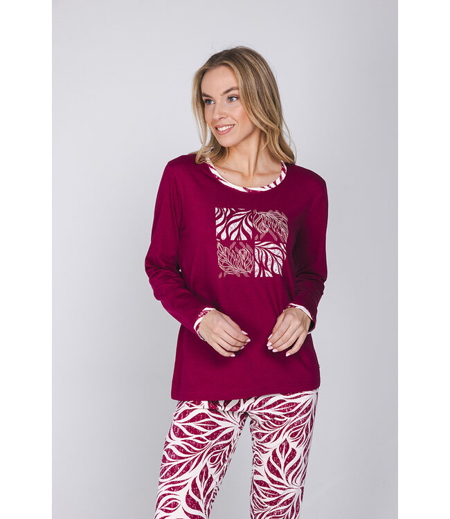 Dark red organic cotton long sleeved pyjama with cuffs Graphic Leaves