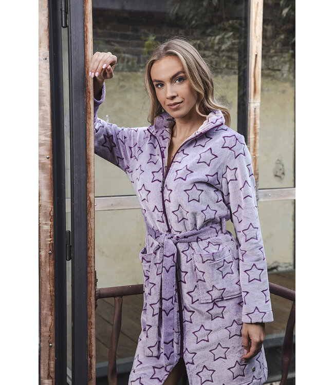 Donkerpaarse fleece ochtendjas met rits lang Fabulously Starry