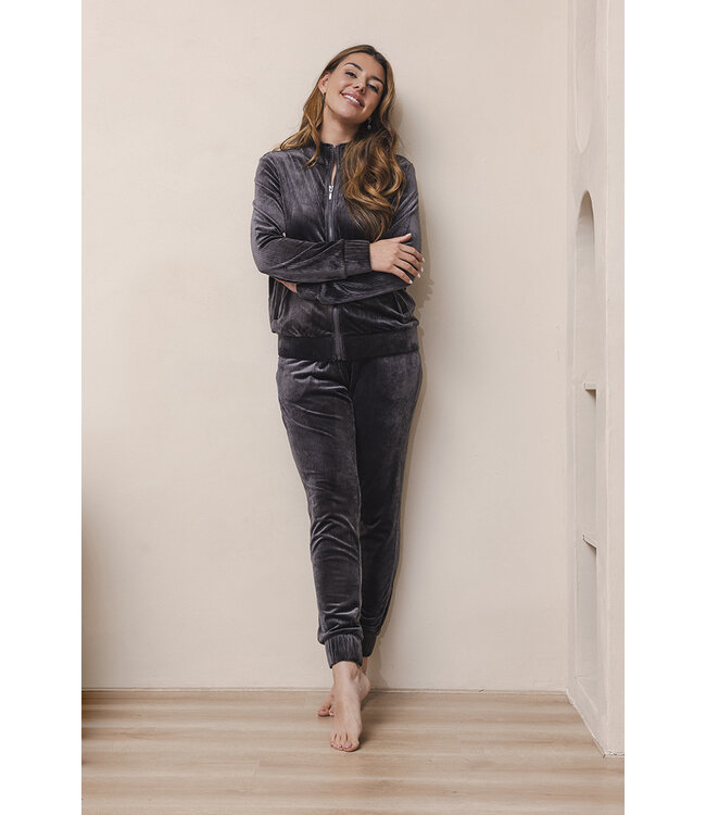 Dark grey rib velours homesuit with zip Velvet Comfort