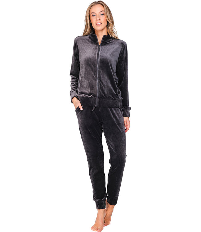 Dark grey rib velours homesuit with zip Velvet Comfort
