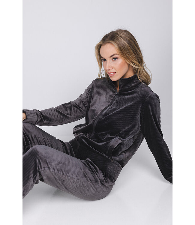 Dark grey rib velours homesuit with zip Velvet Comfort