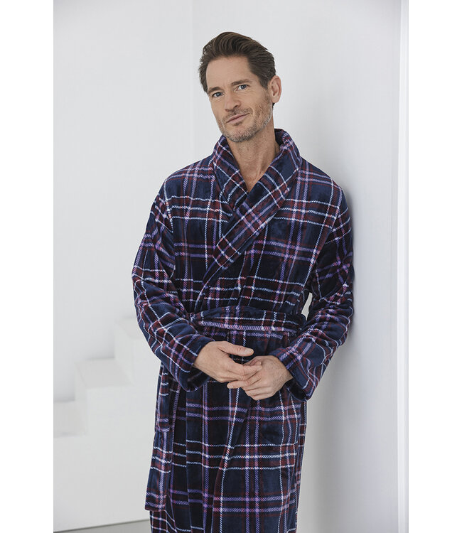 Donkerblauwe fleece heren ochtendjas Modern Check