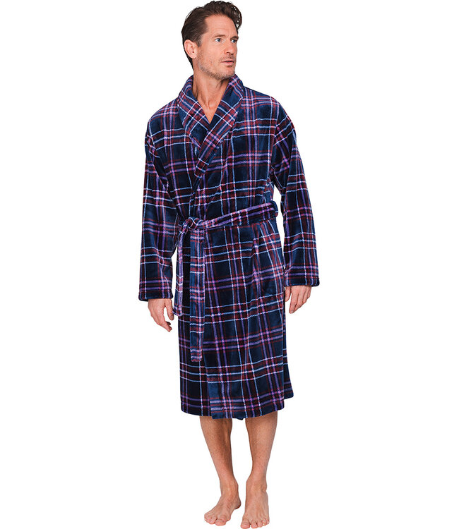 Dark blue fleece men's morning gown Modern Check