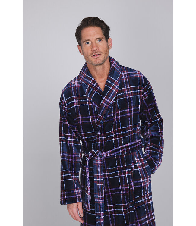 Donkerblauwe fleece heren ochtendjas Modern Check