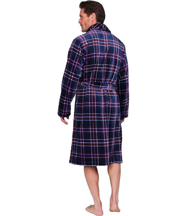 Dark blue fleece men's morning gown Modern Check