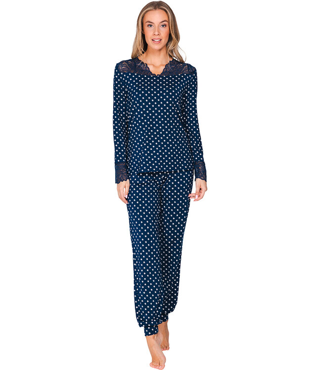 Donkerblauwe modal damespyjama met boorden lange mouwen Stars & Lace