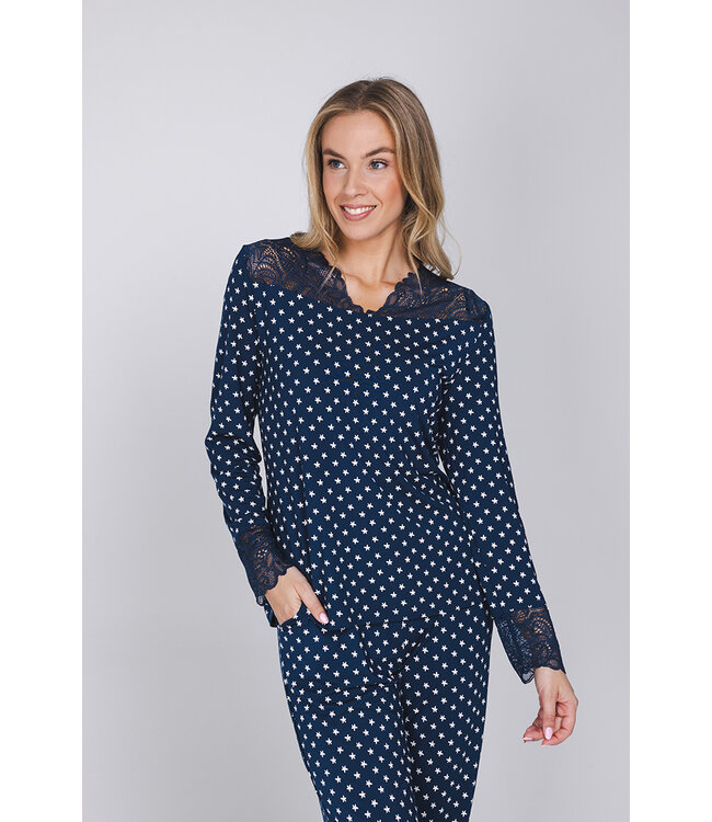 Donkerblauwe modal damespyjama met boorden lange mouwen Stars & Lace