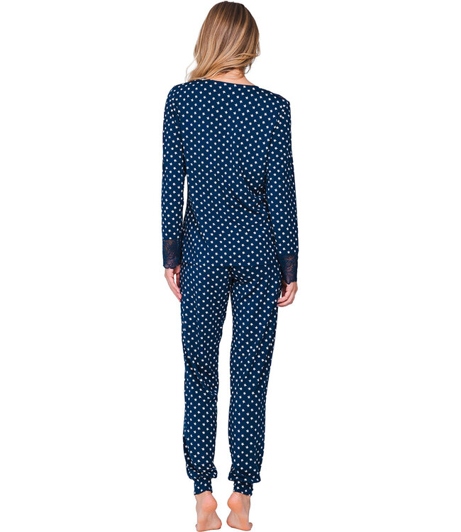 Donkerblauwe modal damespyjama met boorden lange mouwen Stars & Lace