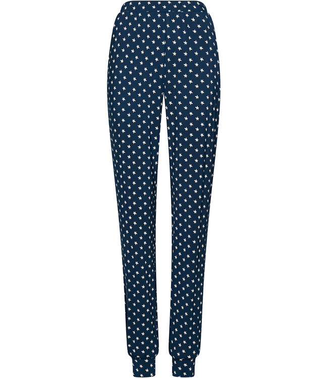 Donkerblauwe modal damespyjama met boorden lange mouwen Stars & Lace