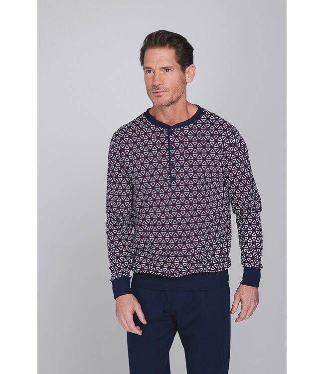 Donkerblauwe katoenen heren pyjama lange mouwen Triangle Trivia