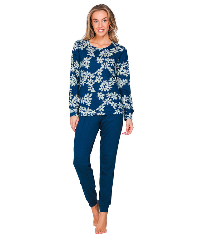 Dark blue organic cotton ladies pyjama with long sleeves Flower Blooms